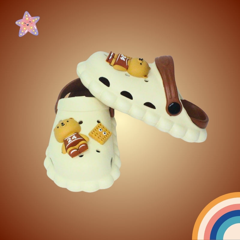 Sporty Bear Applique Waterproof Anti-Skid Sling Back Clogs - Cream