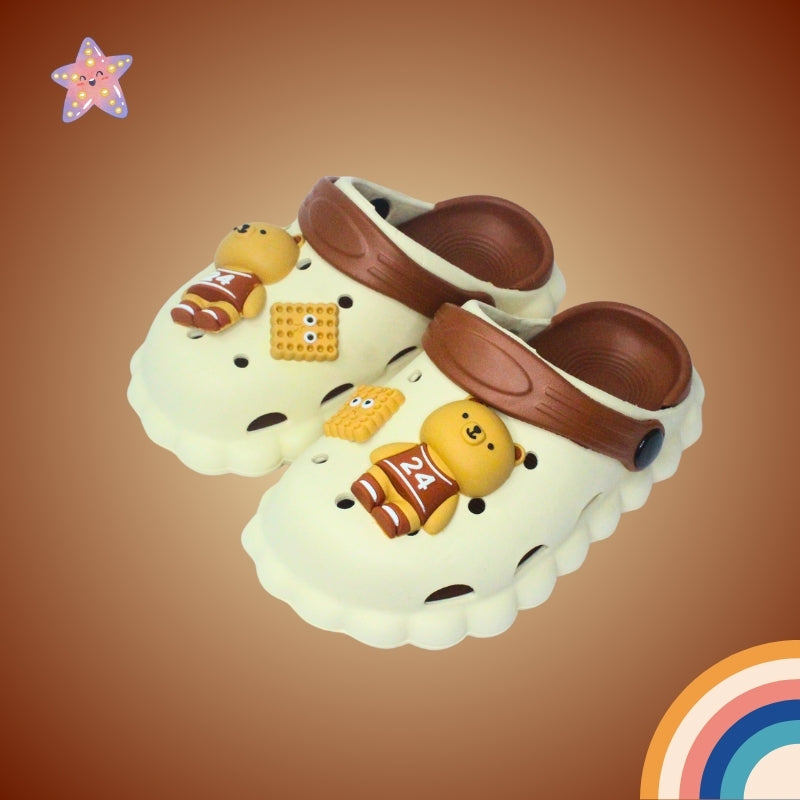 Sporty Bear Applique Waterproof Anti-Skid Sling Back Clogs - Cream