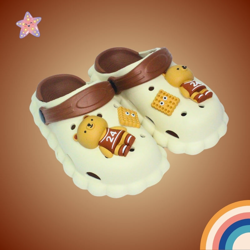 Sporty Bear Applique Waterproof Anti-Skid Sling Back Clogs - Cream